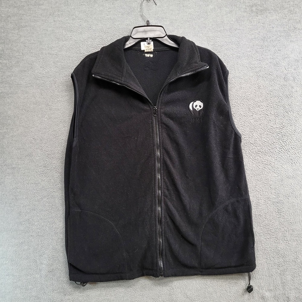 WWF Men Vest L/XL Black Fleece Full Zip Panda Embroidered‎ Drawstring Hem